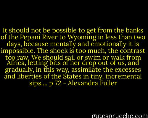 It should not be possible to get from the banks of the Pepani River to Wyoming in less than two days, because mentally and emotionally it is impossible. The shock is too much, the contrast too raw. We should sail or swim or walk from Africa, letting bits of her drop out of us, and gradually, in this way, assimilate the excesses and liberties of the States in tiny, incremental sips.... p 72 - Alexandra Fuller