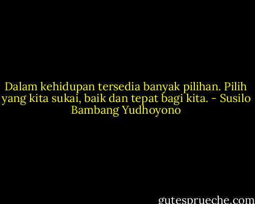Dalam kehidupan tersedia banyak pilihan. Pilih yang kita sukai, baik dan tepat bagi kita. - Susilo Bambang Yudhoyono