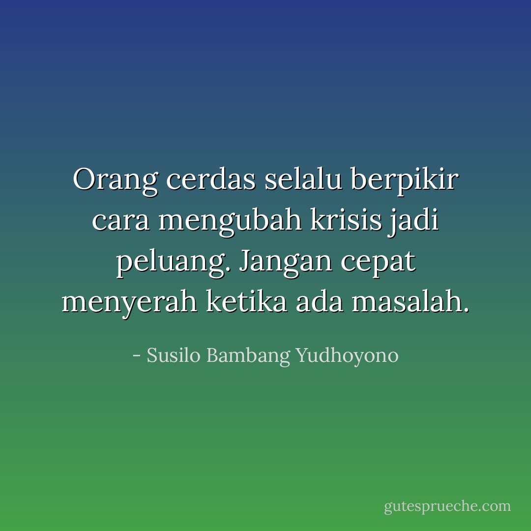 Orang cerdas selalu berpikir cara mengubah krisis jadi peluang. Jangan cepat menyerah ketika ada masalah. - Susilo Bambang Yudhoyono