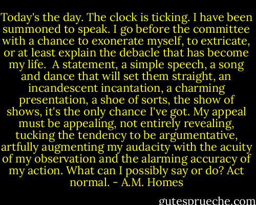 Today's the day. The clock is ticking. I have been summoned to speak. I go before the committee with a chance to exonerate myself, to extricate, or at least explain the debacle that has become my life. <br />A statement, a simple speech, a song and dance that will set them straight, an incandescent incantation, a charming presentation, a shoe of sorts, the show of shows, it's the only chance I've got. My appeal must be appealing, not entirely revealing, tucking the tendency to be argumentative, artfully augmenting my audacity with the acuity of my observation and the alarming accuracy of my action. What can I possibly say or do? Act normal. - A.M. Homes
