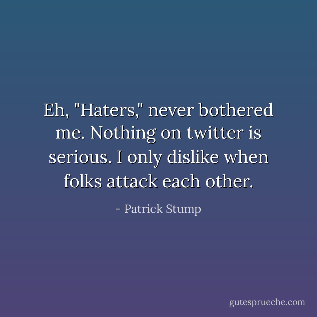 Eh, "Haters," never bothered me. Nothing on twitter is serious. I only dislike when folks attack each other. - Patrick Stump