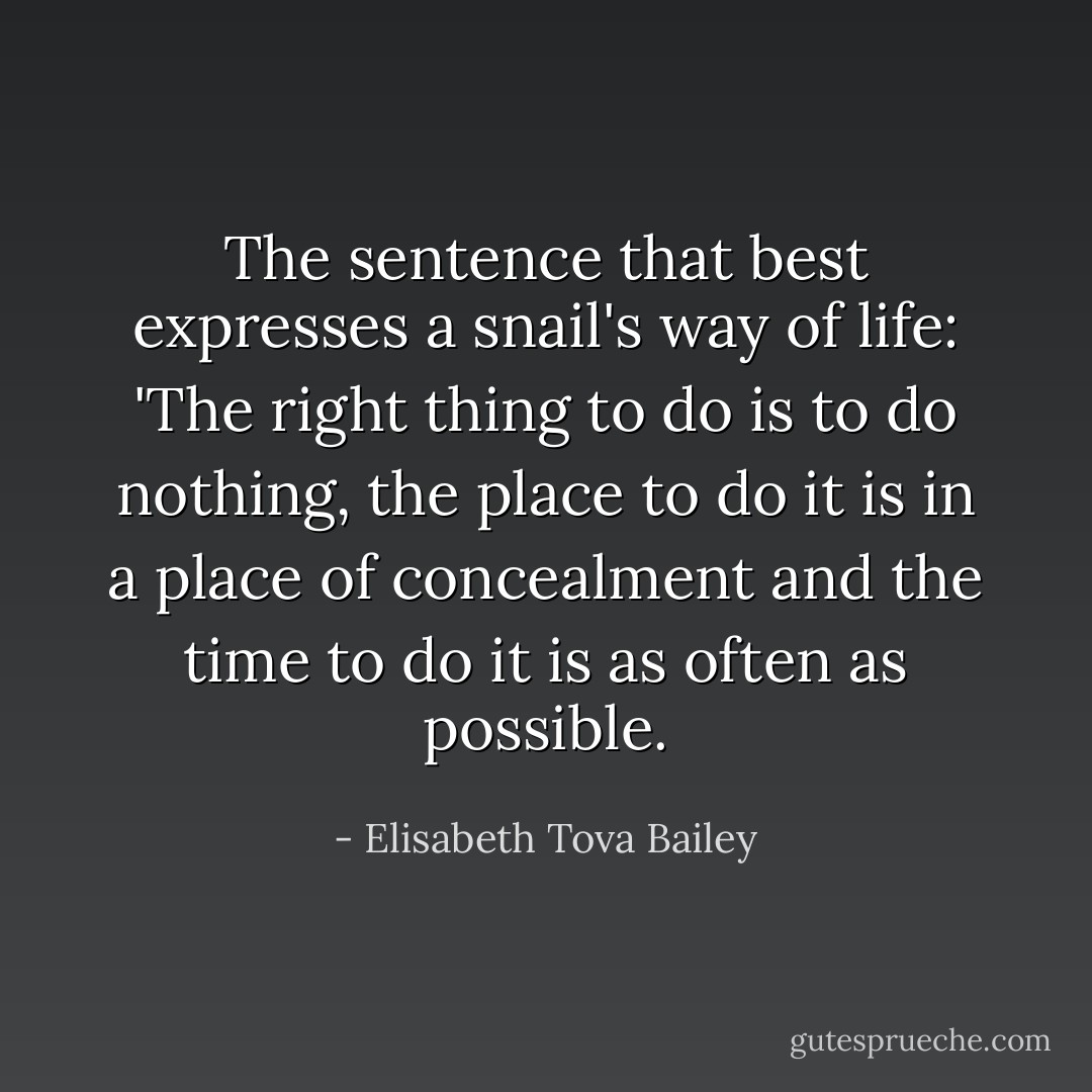 The sentence that best expresses a snail's way of life: 'The right thing to do is to do nothing, the place to do it is in a place of concealment and the time to do it is as often as possible. - Elisabeth Tova Bailey