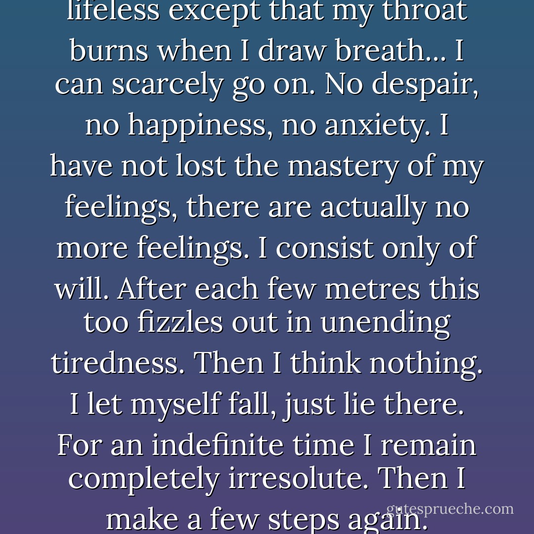 When I rest I feel utterly lifeless except that my throat burns when I draw breath... I can scarcely go on. No despair, no happiness, no anxiety. I have not lost the mastery of my feelings, there are actually no more feelings. I consist only of will. After each few metres this too fizzles out in unending tiredness. Then I think nothing. I let myself fall, just lie there. For an indefinite time I remain completely irresolute. Then I make a few steps again. - Reinhold Messner