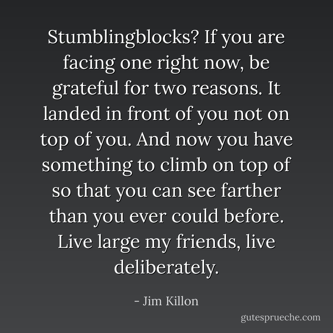 Stumblingblocks? If you are facing one right now, be grateful for two reasons. It landed in front of you not on top of you. And now you have something to climb on top of so that you can see farther than you ever could before. Live large my friends, live deliberately. - Jim Killon