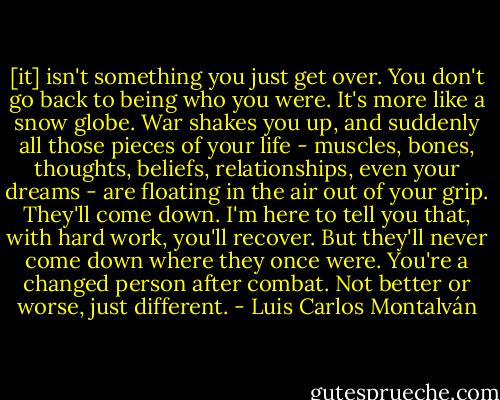 [it] isn't something you just get over. You don't go back to being who you were. It's more like a snow globe. War shakes you up, and suddenly all those pieces of your life - muscles, bones, thoughts, beliefs, relationships, even your dreams - are floating in the air out of your grip. They'll come down. I'm here to tell you that, with hard work, you'll recover. But they'll never come down where they once were. You're a changed person after combat. Not better or worse, just different. - Luis Carlos Montalván