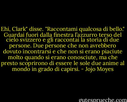 Ehi, Clark" disse. "Raccontami qualcosa di bello." Guardai fuori dalla finestra l’azzurro terso del cielo svizzero e gli raccontai la storia di due persone. Due persone che non avrebbero dovuto incontrarsi e che non si erano piaciute molto quando si erano conosciute, ma che presto scoprirono di essere le sole due anime al mondo in grado di capirsi. - Jojo Moyes
