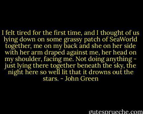 I felt tired for the first time, and I thought of us lying down on some grassy patch of SeaWorld together, me on my back and she on her side with her arm draped against me, her head on my shoulder, facing me. Not doing anything - just lying there together beneath the sky, the night here so well lit that it drowns out the stars. - John Green