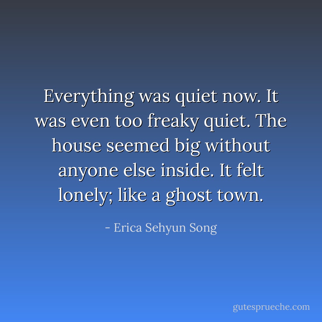 Everything was quiet now. It was even too freaky quiet. The house seemed big without anyone else inside. It felt lonely; like a ghost town. - Erica Sehyun Song