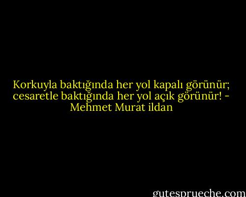 Korkuyla baktığında her yol kapalı görünür; cesaretle baktığında her yol açık görünür! - Mehmet Murat ildan