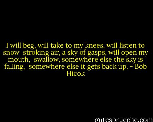 I will beg, will take to my knees, will listen to snow<br /> stroking air, a sky of gasps, will open my mouth,<br /> swallow, somewhere else the sky is falling,<br /> somewhere else it gets back up. - Bob Hicok