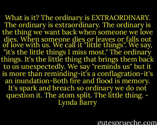 What is it? The ordinary is EXTRAORDINARY. The ordinary is extraordinary. The ordinary is the thing we want back when someone we love dies. When someone dies or leaves or falls out of love with us. We call it "little things". We say, "it's the little things I miss most." The ordinary things. It's the little thing that brings them back to us unexpectedly. We say "reminds us" but it is more than reminding-it's a conflagration-it's an inundation-Both fire and flood is memory. It's spark and breach so ordinary we do not question it. The atom split. The little thing. - Lynda Barry