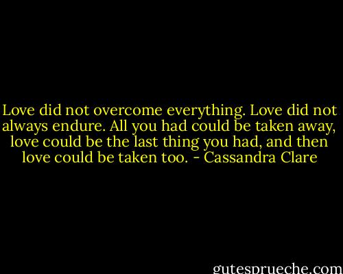 Love did not overcome everything. Love did not always endure. All you had could be taken away, love could be the last thing you had, and then love could be taken too. - Cassandra Clare