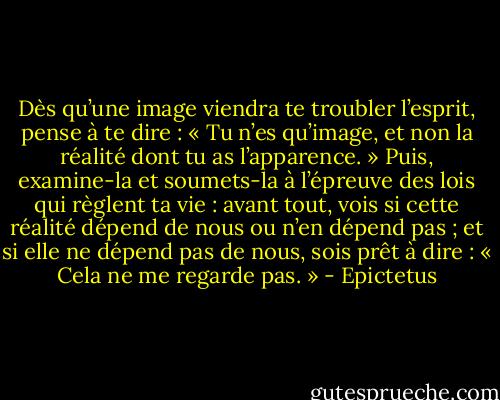 Dès qu’une image viendra te troubler l’esprit, pense à te dire : « Tu n’es qu’image, et non la réalité dont tu as l’apparence. » Puis, examine-la et soumets-la à l’épreuve des lois qui règlent ta vie : avant tout, vois si cette réalité dépend de nous ou n’en dépend pas ; et si elle ne dépend pas de nous, sois prêt à dire : « Cela ne me regarde pas. » - Epictetus