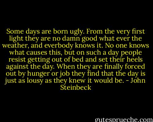 Some days are born ugly. From the very first light they are no damn good what ever the weather, and everbody knows it. No one knows what causes this, but on such a day people resist getting out of bed and set their heels against the day. When they are finally forced out by hunger or job they find that the day is just as lousy as they knew it would be. - John Steinbeck