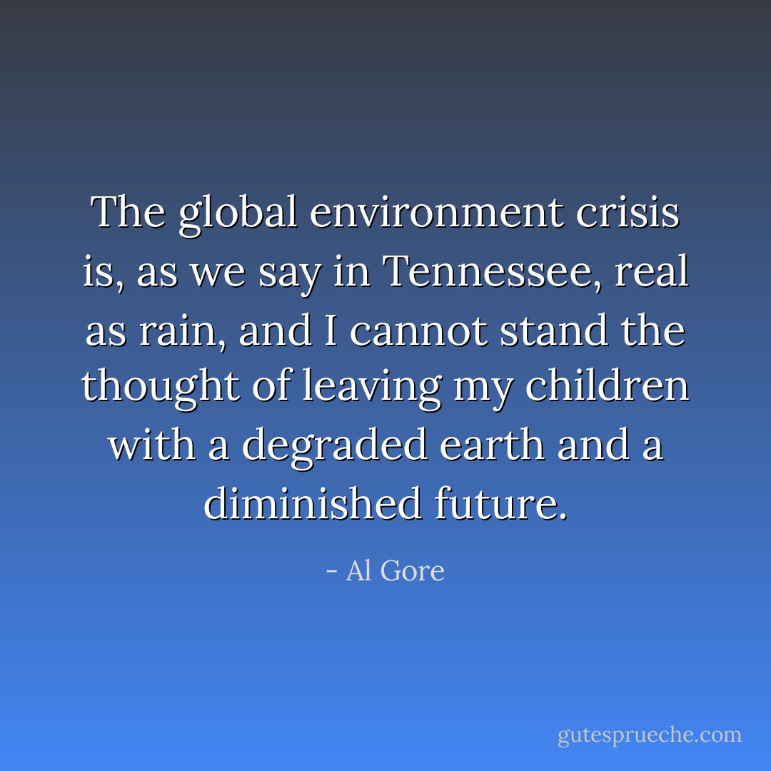 The global environment crisis is, as we say in Tennessee, real as rain, and I cannot stand the thought of leaving my children with a degraded earth and a diminished future. - Al Gore