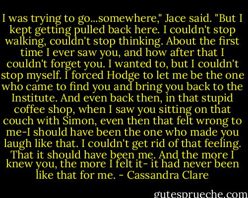 I was trying to go...somewhere," Jace said. "But I kept getting pulled back here. I couldn't stop walking, couldn't stop thinking. About the first time I ever saw you, and how after that I couldn't forget you. I wanted to, but I couldn't stop myself. I forced Hodge to let me be the one who came to find you and bring you back to the Institute. And even back then, in that stupid coffee shop, when I saw you sitting on that couch with Simon, even then that felt wrong to me-I should have been the one who made you laugh like that. I couldn't get rid of that feeling. That it should have been me. And the more I knew you, the more I felt it- it had never been like that for me. - Cassandra Clare