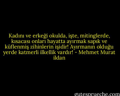 Kadını ve erkeği okulda, işte, mitinglerde, kısacası onları hayatta ayırmak sapık ve küflenmiş zihinlerin işidir! Ayırmanın olduğu yerde katmerli ilkellik vardır! - Mehmet Murat ildan