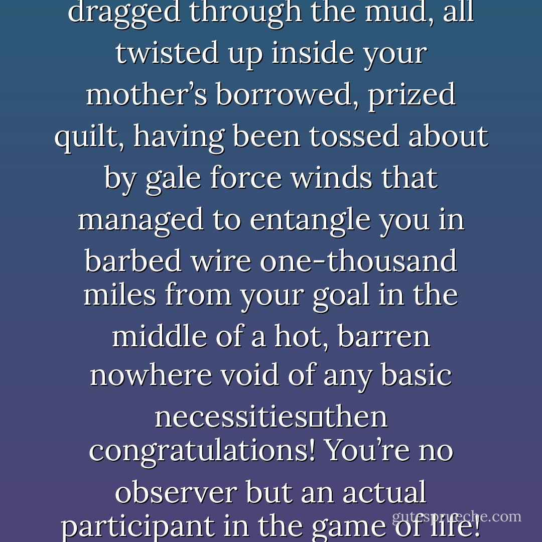 If you feel like a nearly-drowned rat that’s been dragged through the mud, all twisted up inside your mother’s borrowed, prized quilt, having been tossed about by gale force winds that managed to entangle you in barbed wire one-thousand miles from your goal in the middle of a hot, barren nowhere void of any basic necessities―then congratulations! You’re no observer but an actual participant in the game of life! Stand up and keep living. - Richelle E. Goodrich