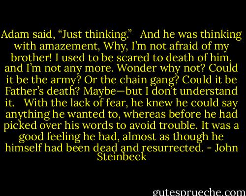 Adam said, “Just thinking.” <br /><br />And he was thinking with amazement, Why, I’m not afraid of my brother! I used to be scared to death of him, and I’m not any more. Wonder why not? Could it be the army? Or the chain gang? Could it be Father’s death? Maybe—but I don’t understand it. <br /><br />With the lack of fear, he knew he could say anything he wanted to, whereas before he had picked over his words to avoid trouble. It was a good feeling he had, almost as though he himself had been dead and resurrected. - John Steinbeck