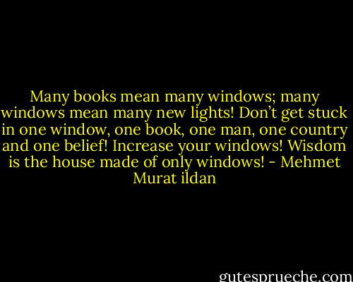 Many books mean many windows; many windows mean many new lights! Don’t get stuck in one window, one book, one man, one country and one belief! Increase your windows! Wisdom is the house made of only windows! - Mehmet Murat ildan