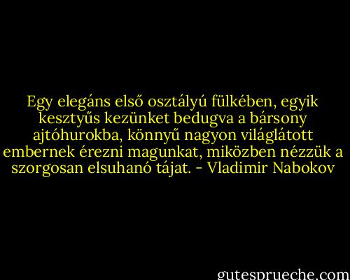 Egy elegáns első osztályú fülkében, egyik kesztyűs kezünket bedugva a bársony ajtóhurokba, könnyű nagyon világlátott embernek érezni magunkat, miközben nézzük a szorgosan elsuhanó tájat. - Vladimir Nabokov