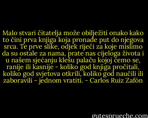 Malo stvari čitatelja može obilježiti onako kako to čini prva knjiga koja pronađe put do njegova srca. Te prve slike, odjek riječi za koje mislimo da su ostale za nama, prate nas cijeloga života i u našem sjećanju klešu palaču kojoj ćemo se, ranije ili kasnije - koliko god knjiga pročitali, koliko god svjetova otkrili, koliko god naučili ili zaboravili - jednom vratiti. - Carlos Ruiz Zafón
