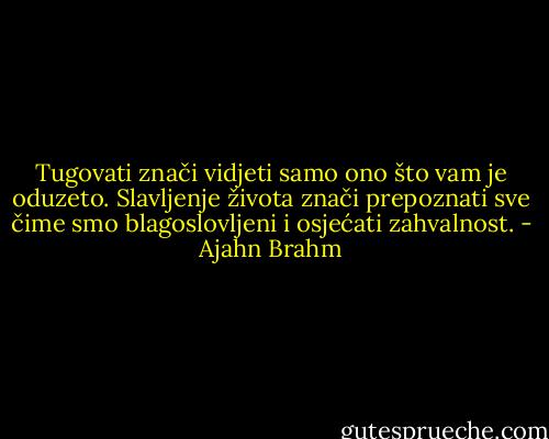 Tugovati znači vidjeti samo ono što vam je oduzeto. Slavljenje života znači prepoznati sve čime smo blagoslovljeni i osjećati zahvalnost. - Ajahn Brahm