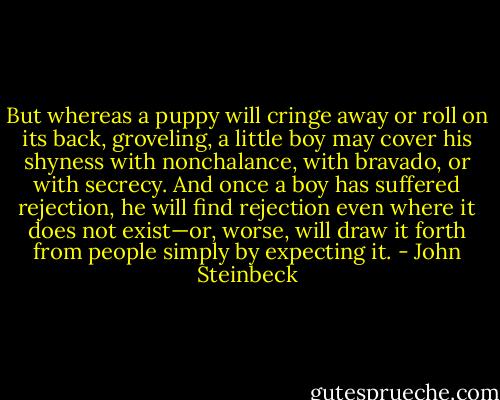 But whereas a puppy will cringe away or roll on its back, groveling, a little boy may cover his shyness with nonchalance, with bravado, or with secrecy. And once a boy has suffered rejection, he will find rejection even where it does not exist—or, worse, will draw it forth from people simply by expecting it. - John Steinbeck