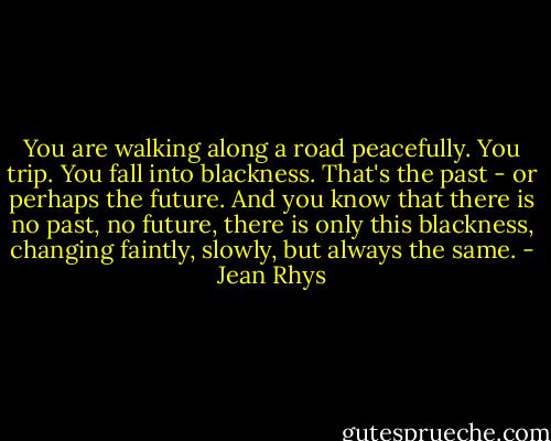You are walking along a road peacefully. You trip. You fall into blackness. That's the past - or perhaps the future. And you know that there is no past, no future, there is only this blackness, changing faintly, slowly, but always the same. - Jean Rhys