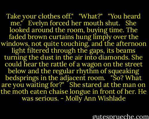 Take your clothes off." <br /><br />"What?" <br /><br />"You heard me." <br /><br />Evelyn forced her mouth shut. <br /><br />She looked around the room, buying time. The faded brown curtains hung limply over the windows, not quite touching, and the afternoon light filtered through the gaps, its beams turning the dust in the air into diamonds. She could hear the rattle of a wagon on the street below and the regular rhythm of squeaking bedsprings in the adjacent room. <br /><br />"So? What are you waiting for?" <br /><br />She stared at the man on the moth eaten chaise longue in front of her. He was serious. - Molly Ann Wishlade