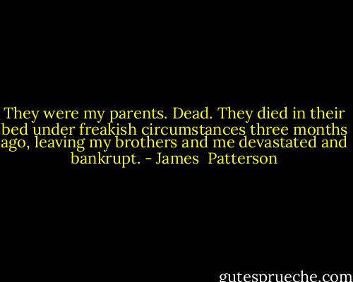 They were my parents. Dead. They died in their bed under freakish circumstances three months ago, leaving my brothers and me devastated and bankrupt. - James  Patterson