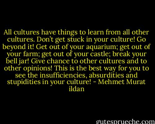 All cultures have things to learn from all other cultures. Don’t get stuck in your culture! Go beyond it! Get out of your aquarium; get out of your farm; get out of your castle; break your bell jar! Give chance to other cultures and to other opinions! This is the best way for you to see the insufficiencies, absurdities and stupidities in your culture! - Mehmet Murat ildan