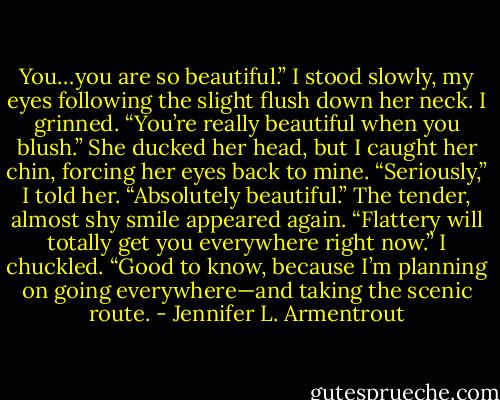 You…you are so beautiful.” I stood slowly, my eyes following the slight flush down her neck. I grinned. “You’re really beautiful when you blush.”<br />She ducked her head, but I caught her chin, forcing her eyes back to mine. “Seriously,” I told her. “Absolutely beautiful.”<br />The tender, almost shy smile appeared again. “Flattery will totally get you everywhere right now.”<br />I chuckled. “Good to know, because I’m planning on going everywhere—and taking the scenic route. - Jennifer L. Armentrout