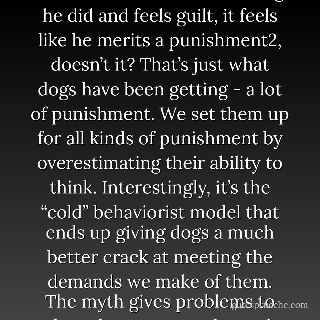 So what is the fallout for dogs of the Lassie myth? As soon as you bestow intelligence and morality, you bestow the responsibility that goes along with them. In other words, if the dog knows it’s wrong to destroy furniture yet deliberately and maliciously does it, remembers the wrong he did and feels guilt, it feels like he merits a punishment2, doesn’t it? That’s just what dogs have been getting - a lot of punishment. We set them up for all kinds of punishment by overestimating their ability to think. Interestingly, it’s the “cold” behaviorist model that ends up giving dogs a much better crack at meeting the demands we make of them. The myth gives problems to dogs they cannot solve and then punishes them for failing. And the saddest thing is that the main association most dogs have with that punishment is the presence of their owner. This puts a pretty twisted spin on loooving dogs ‘cause they’re so smart, doesn’t it? - Jean Donaldson