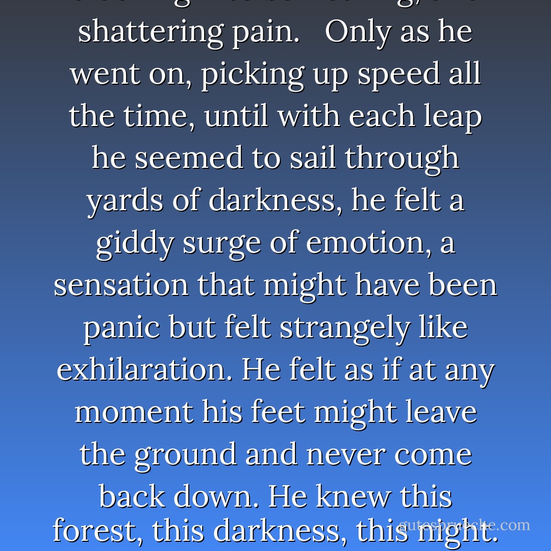 He got up and ran on, pitching himself down the hill, flying through the branches of the firs, leaping roots and rocks without seeing them. As he went, the hill got steeper and steeper, until it was really like falling. He was going too fast and he knew when he came to a stop, it would involve crashing into something, and shattering pain.<br /> <br />Only as he went on, picking up speed all the time, until with each leap he seemed to sail through yards of darkness, he felt a giddy surge of emotion, a sensation that might have been panic but felt strangely like exhilaration. He felt as if at any moment his feet might leave the ground and never come back down. He knew this forest, this darkness, this night. He knew his chances: not good. He knew what was after him. It had been after him all his life. He knew where he was - in a story about to unfold an ending. He knew better than anyone how these stories went, and if anyone could find their way out of these woods, it was him.<br /><br />("Best New Horror") - Joe Hill