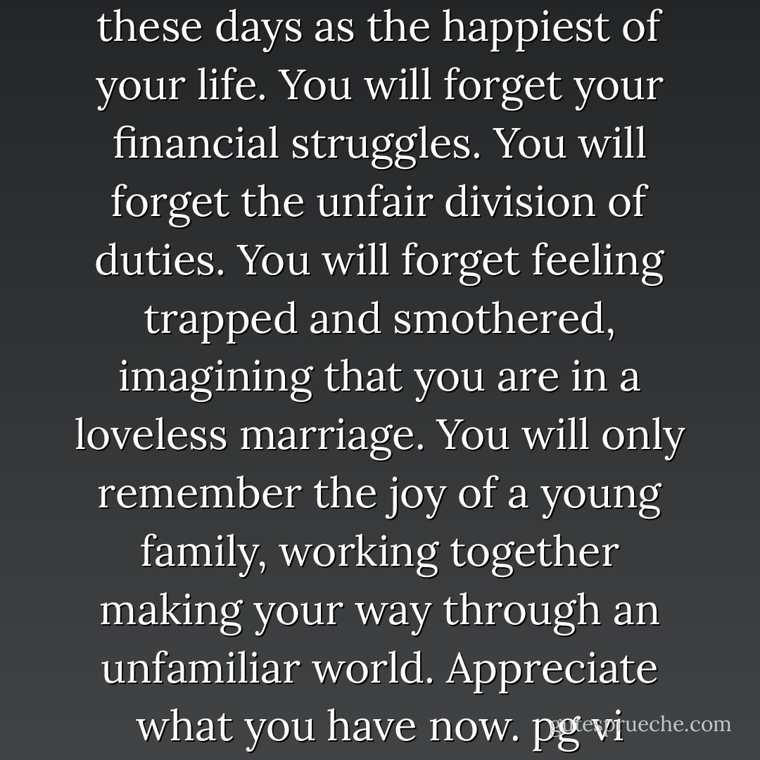 Some day you will look back on these days as the happiest of your life. You will forget your financial struggles. You will forget the unfair division of duties. You will forget feeling trapped and smothered, imagining that you are in a loveless marriage. You will only remember the joy of a young family, working together making your way through an unfamiliar world. Appreciate what you have now.<br />pg vi - Michael Ben Zehabe