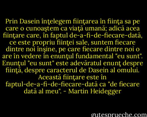 Prin Dasein înţelegem fiinţarea în fiinţa sa pe care o cunoaştem ca viaţă umană; adică acea fiinţare care, în faptul de-a-fi-de-fiecare-dată, ce este propriu fiinţei sale, suntem fiecare dintre noi înşine, pe care fiecare dintre noi o are în vedere în enunţul fundamental "eu sunt". Enunţul "eu sunt" este adevăratul enunţ despre fiinţă, despre caracterul de Dasein al omului. Această fiinţare este în faptul-de-a-fi-de-fiecare-dată ca "de fiecare dată al meu". - Martin Heidegger
