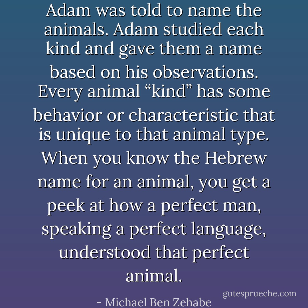 Adam was told to name the animals. Adam studied each kind and gave them a name based on his observations. Every animal “kind” has some behavior or characteristic that is unique to that animal type. When you know the Hebrew name for an animal, you get a peek at how a perfect man, speaking a perfect language, understood that perfect animal. - Michael Ben Zehabe