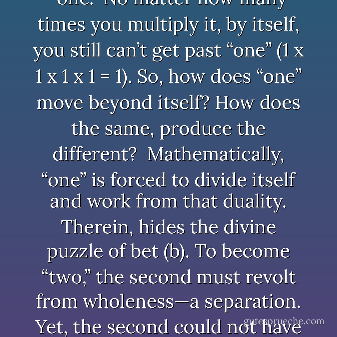 The nature of a letter can also be revealed within its numeric value. All letters and numbers behave in a certain but recognizable way, from which we can deduce its nature. The number two is the only even prime. There is an inherent mathematical dilemma with, “one.” No matter how many times you multiply it, by itself, you still can’t get past “one” (1 x 1 x 1 x 1 = 1). So, how does “one” move beyond itself? How does the same, produce the different? <br />Mathematically, “one” is forced to divide itself and work from that duality. Therein, hides the divine puzzle of bet (b). To become “two,” the second must revolt from wholeness—a separation. Yet, the second could not have existed without the benefit of the original wholeness. Also, the first wanted the second to exist, but the first doesn’t know what the second will become. Again, two contains potential badness, to a Hebrew. (Ge 25:24) - Michael Ben Zehabe
