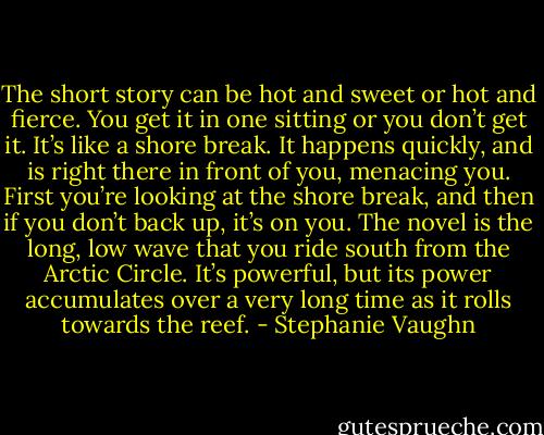 The short story can be hot and sweet or hot and fierce. You get it in one sitting or you don’t get it. It’s like a shore break. It happens quickly, and is right there in front of you, menacing you. First you’re looking at the shore break, and then if you don’t back up, it’s on you. The novel is the long, low wave that you ride south from the Arctic Circle. It’s powerful, but its power accumulates over a very long time as it rolls towards the reef. - Stephanie Vaughn