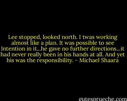 Lee stopped, looked north. I twas working almost like a plan. It was possible to see Intention in it...he gave no further directions...it had never really been in his hands at all. And yet his was the responsibility. - Michael Shaara