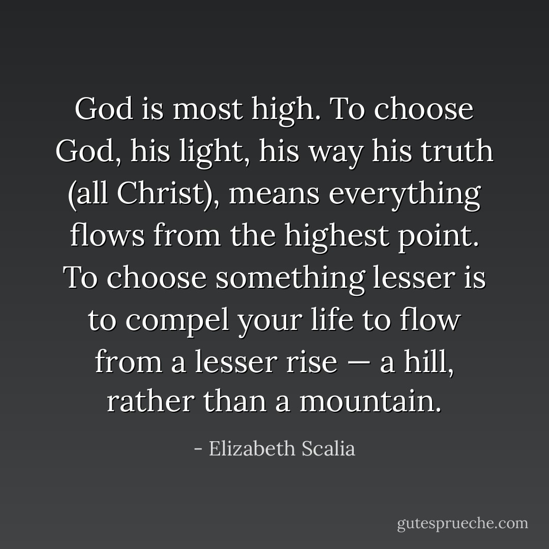 God is most high. To choose God, his light, his way his truth (all Christ), means everything flows from the highest point. To choose something lesser is to compel your life to flow from a lesser rise — a hill, rather than a mountain. - Elizabeth Scalia