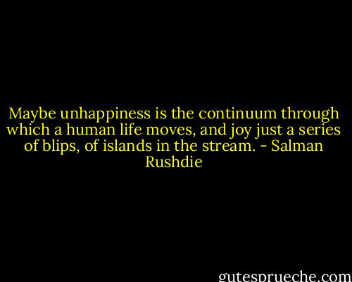 Maybe unhappiness is the continuum through which a human life moves, and joy just a series of blips, of islands in the stream. - Salman Rushdie