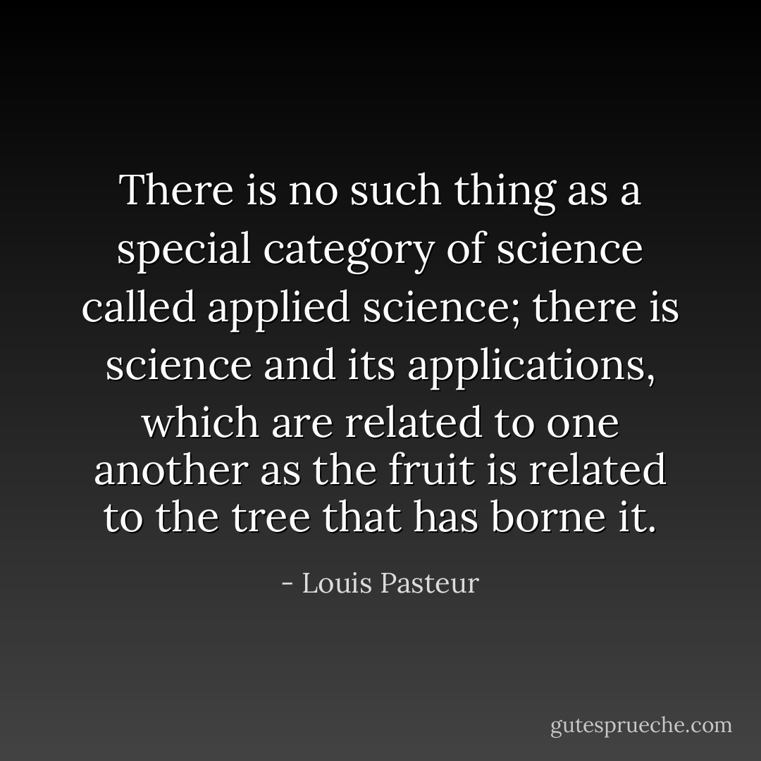 There is no such thing as a special category of science called applied science; there is science and its applications, which are related to one another as the fruit is related to the tree that has borne it. - Louis Pasteur