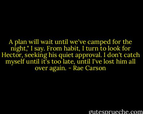 A plan will wait until we've camped for the night," I say.<br />From habit, I turn to look for Hector, seeking his quiet approval. I don't catch myself until it's too late, until I've lost him all over again. - Rae Carson