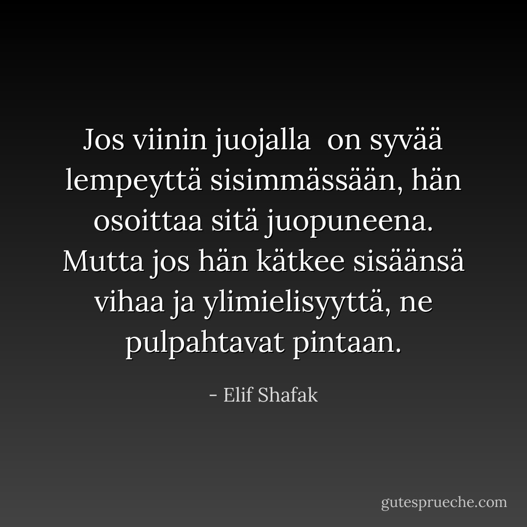 Jos viinin juojalla <br />on syvää lempeyttä sisimmässään,<br />hän osoittaa sitä<br />juopuneena.<br />Mutta jos hän kätkee sisäänsä vihaa ja ylimielisyyttä,<br />ne pulpahtavat pintaan. - Elif Shafak