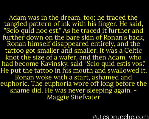 Adam was in the dream, too; he traced the tangled pattern of ink with his finger. He said, "Scio quid hoc est." As he traced it further and further down on the bare skin of Ronan's back, Ronan himself disappeared entirely, and the tattoo got smaller and smaller. It was a Celtic knot the size of a wafer, and then Adam, who had become Kavinsky, said "Scio quid estis vos." He put the tattoo in his mouth and swallowed it.<br />Ronan woke with a start, ashamed and euphoric.<br />The euphoria wore off long before the shame did.<br />He was never sleeping again. - Maggie Stiefvater