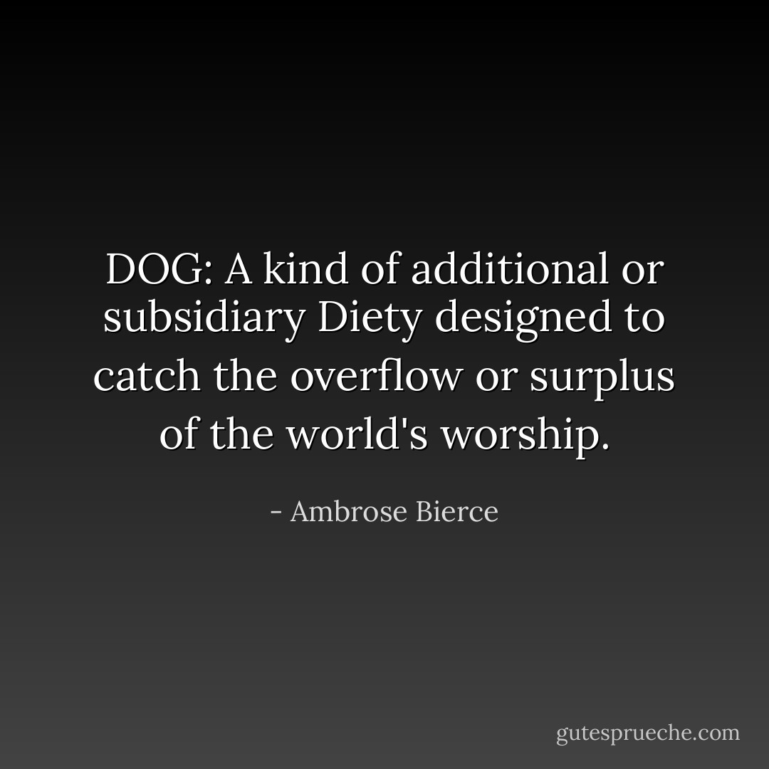 DOG: A kind of additional or subsidiary Diety designed to catch the overflow or surplus of the world's worship. - Ambrose Bierce