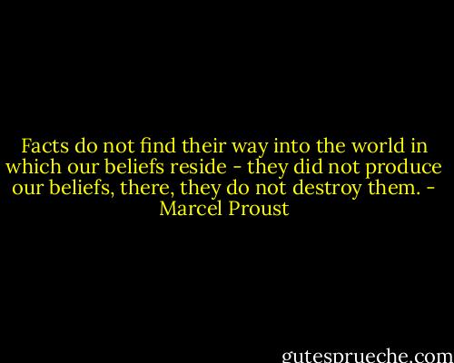 Facts do not find their way into the world in which our beliefs reside - they did not produce our beliefs, there, they do not destroy them. - Marcel Proust