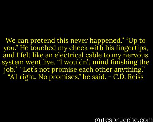 We can pretend this never happened.”<br />“Up to you.” He touched my cheek with his fingertips, and I felt like an electrical cable to my nervous system went live. “I wouldn’t mind finishing the job.” <br />“Let’s not promise each other anything.” <br />“All right. No promises,” he said. - C.D. Reiss